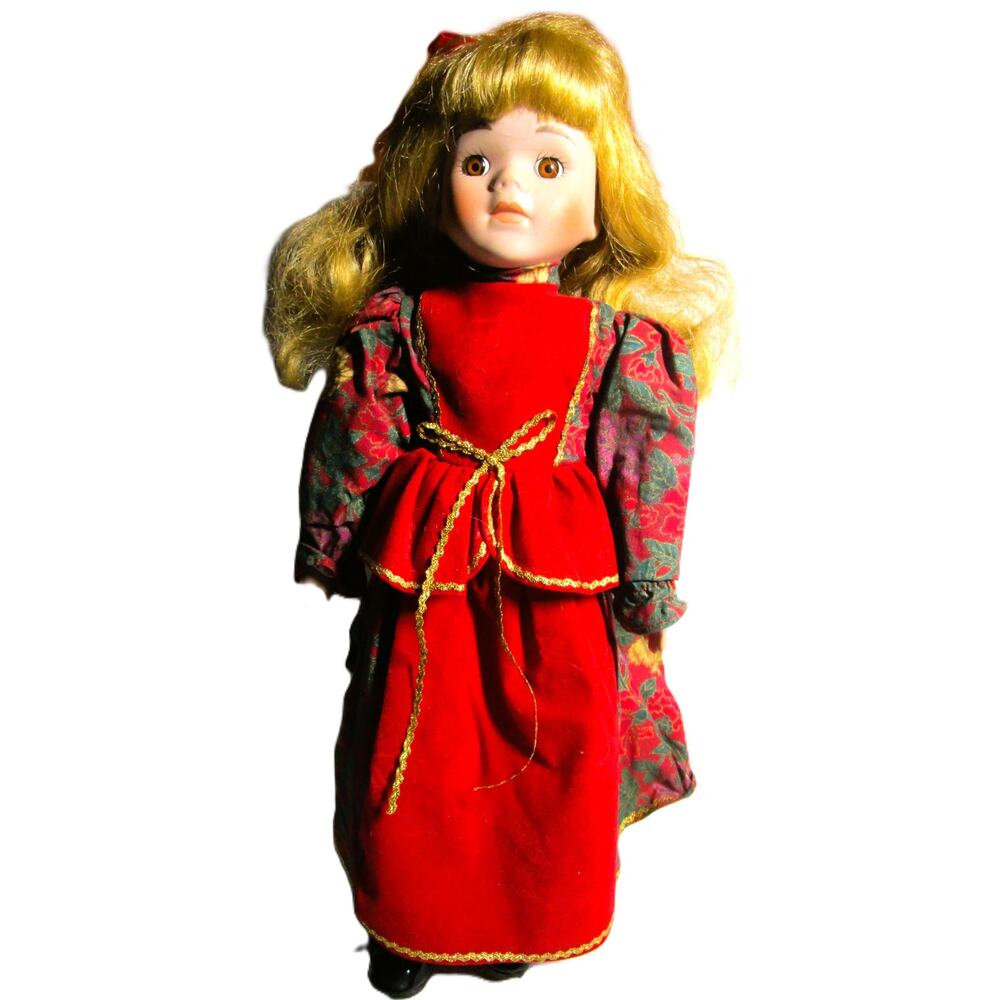 Victorian Style Porcelain Doll 16 in Holiday Dress Metal Stand Non-Articulated